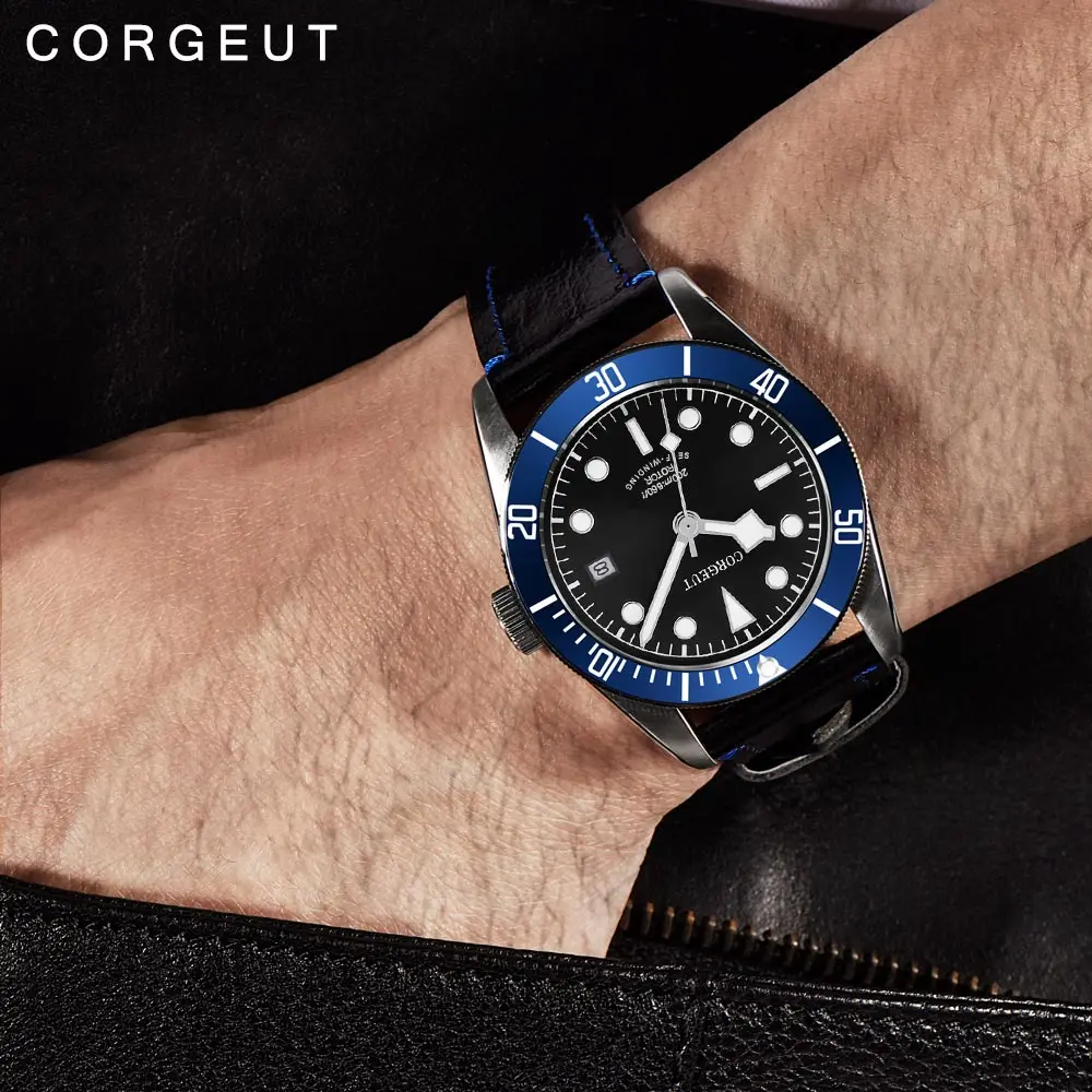 Corgeut Military Schwarz Bay Men NH35 Movement Automatic Luxury Brand 41mm Sport Swim Clock Leather Mechanical Wrist Watches