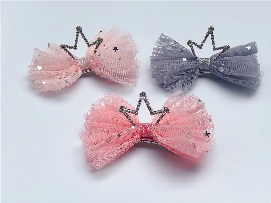 Boutique ins 15pcs Fashion Cute Glitter Star Gauze Bow Hairpins Solid Rhinestone Crown Bowknot Hair Clips Princess Headwear