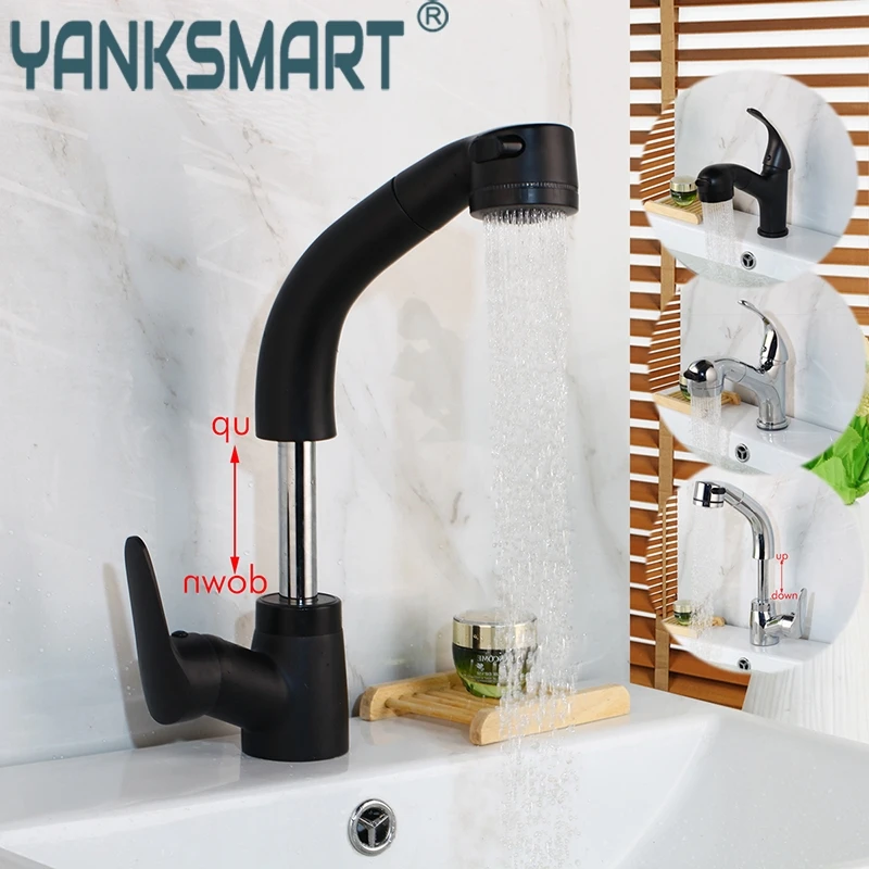 

YANKSMART Pull Out Faucet Solid Brass Stream Spray Spout Black Chrome Brass Deck Mount Tap Kitchen Sink Crane Faucets Mixer Tap