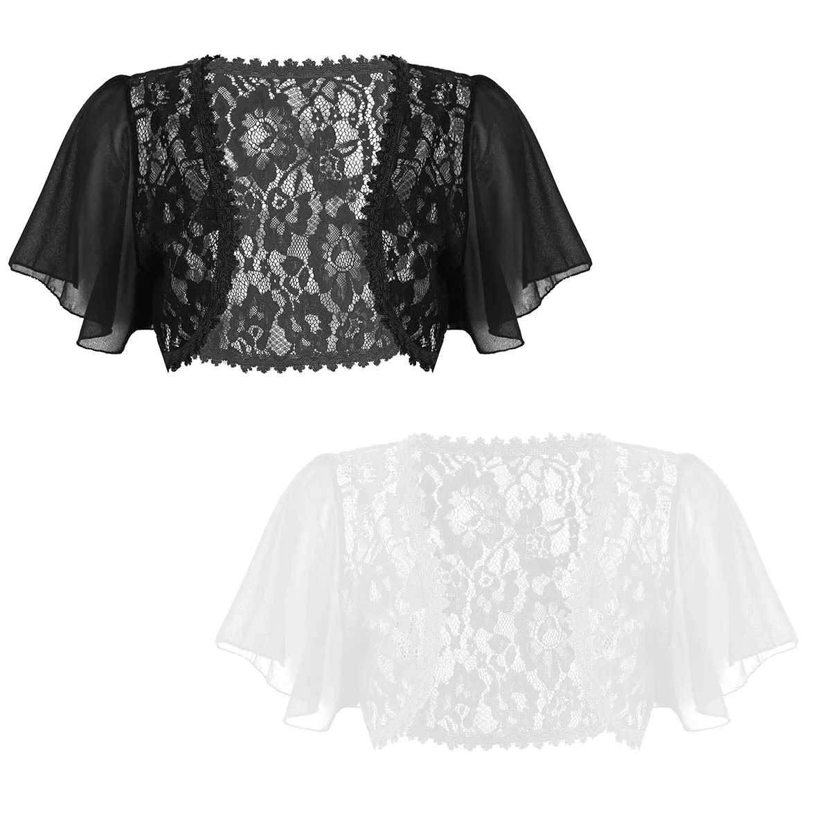 TiaoBug-cárdigan de gasa con frente abierto para mujer, chaqueta de manga corta con encaje Floral transparente, abrigo de fiesta de boda, Bolero
