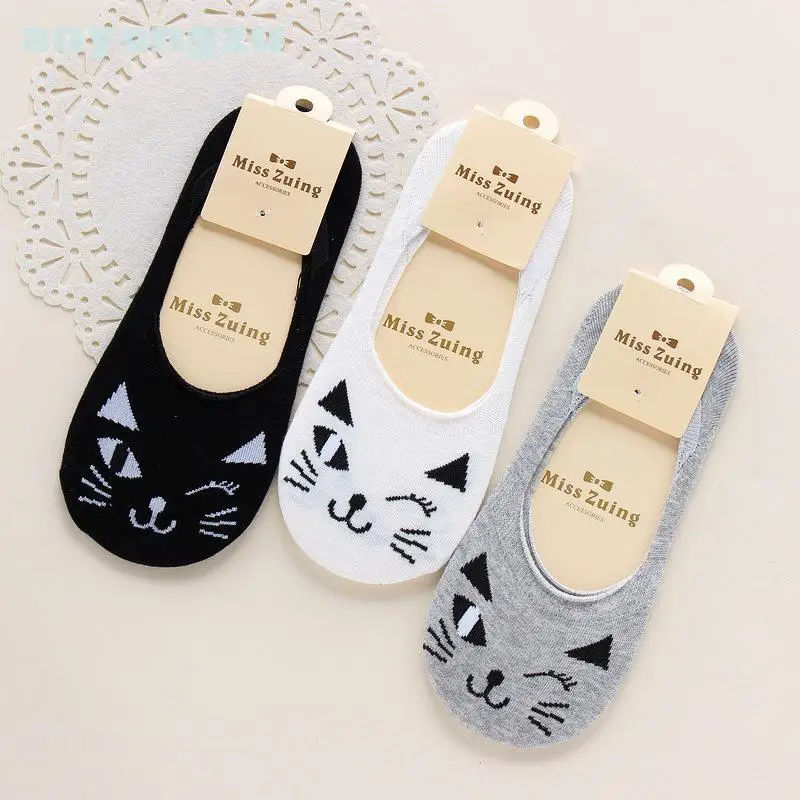 

No Paper 12 Pcs/lot New Spring Autumn Lovely Black Cartoon Cat Comfortable Breathable Cotton Fashion Boat Socks Slippers A1132