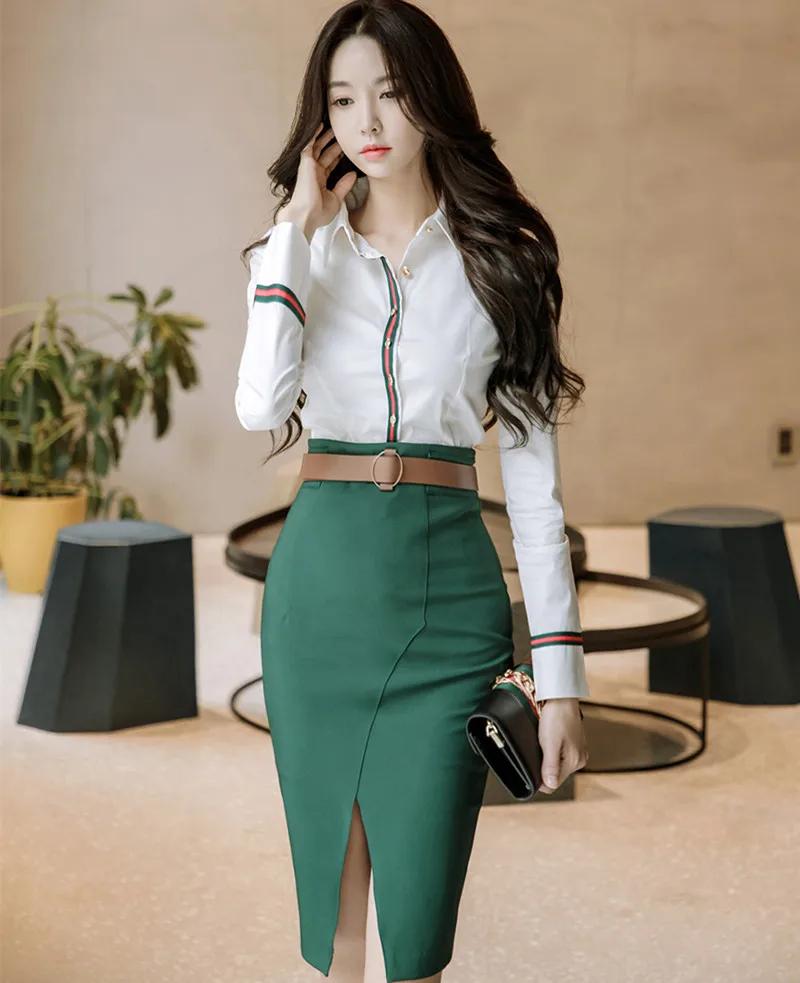 2 Piece Set Women Suit 2023 Spring Office Long Sleeves White Shirt Blouse Tops and Green Pencil Skirts Crop Top and Skirt Set