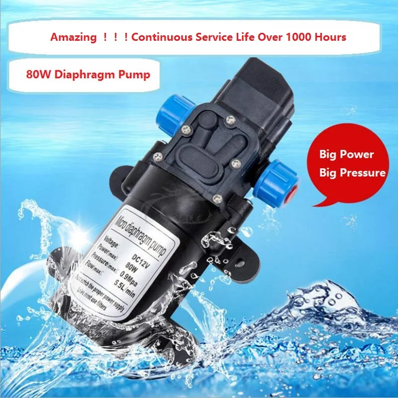 80W Power DC 12V/24V Lift 55M Micro Diaphragm Pump High Pressure Long Service Life Garden Home Aquarium Water Electric Pump