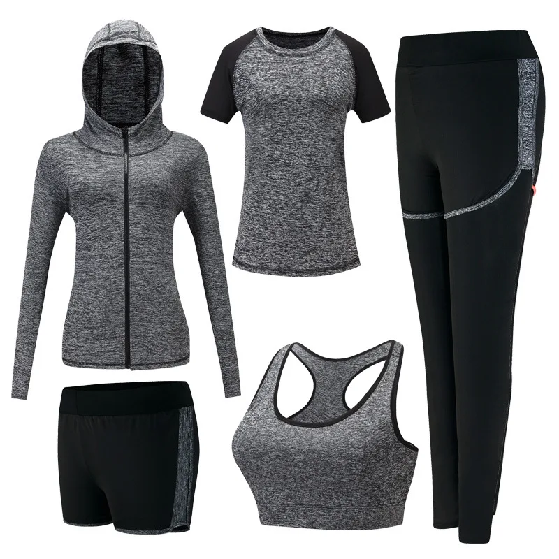 Quick dry women yoga clothing hooded coats+t shirt+bra+shorts+pants sets women autumn outdoor running sportswear gym Suits