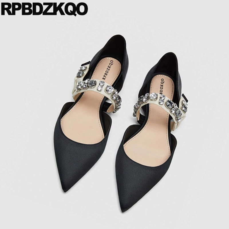 

Flats Summer Women Dress Shoes Wedding Sandals Satin Designer Black Rhinestone Silk Mary Jane Italian 2021 Pointed Toe Crystal