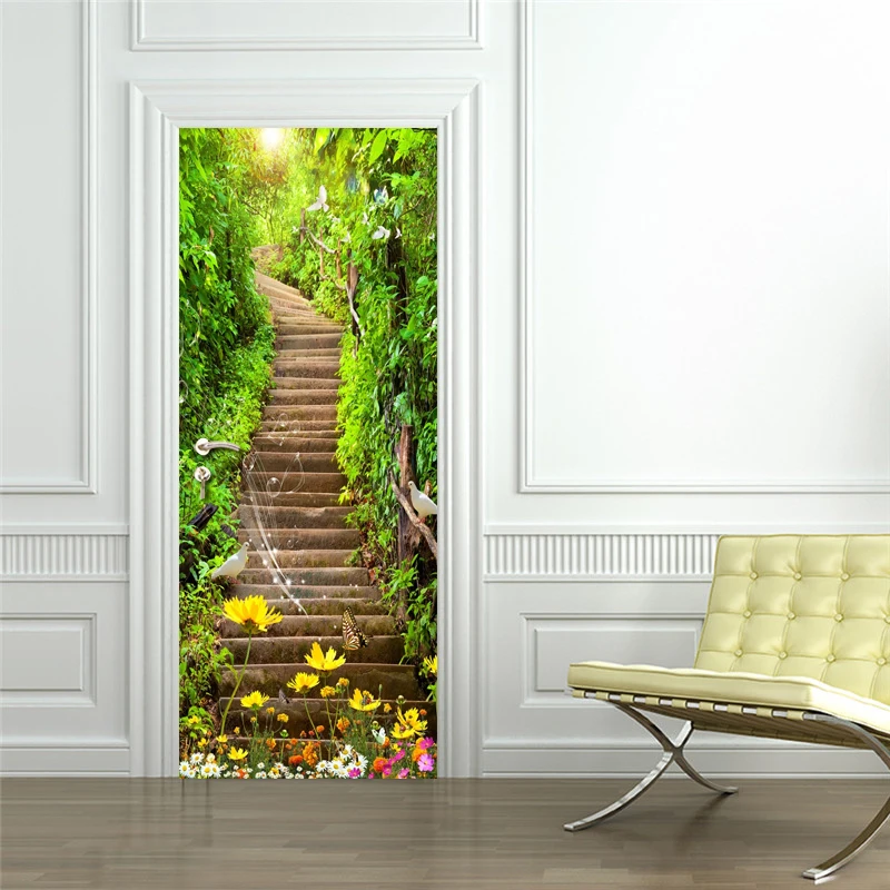 Self-adhesive 3D Door Sticker Mural Forest Stone Stairs Waterproof PVC Wallpaper Wall Stickers Living Room Bedroom Home Decor