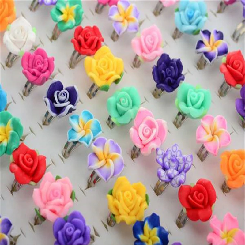 PINKSEE 10Pcs Mixed Colors Polymer Clay Children Kids Flower Finger Rings Lovely Fashion Jewelry For Gift Adjustable Wholesale