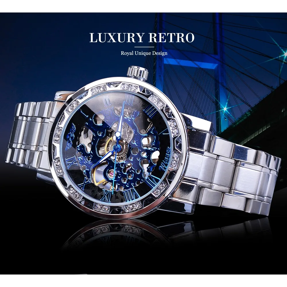 Winner Blue Watches Diamond Design Skeleton Men's Mechanical Wrist Watches Clock Male Luminous Hands Silver Stainless Steel