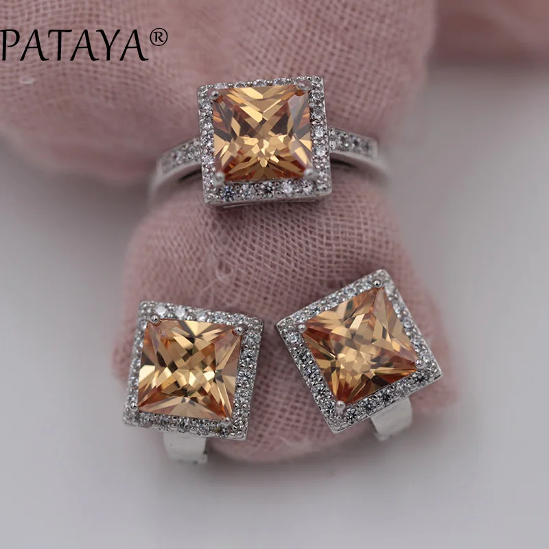 PATAYA New Arrivals 11 Colors Square Natural Zircon Earrings Ring Sets Women Luxury True White Gold Color Wedding Jewelry Set