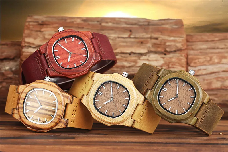 Special Nature Wood Watches for Men Quadrilateral Shape Genuine Leather Leisure Sport Wooden Wristwatches Man Husband Gifts 2017