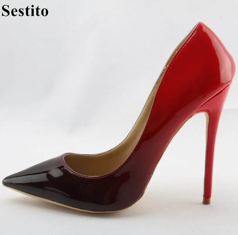 

Sestito New Design Ladies Gradient Color High Heels Weeding Shoes Woman Patent leather Slip-on Pumps Female Pointed Toe Shoes