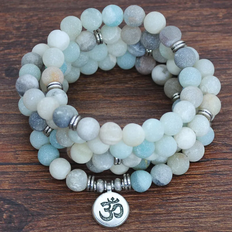 Yumfeel Natural Stone Bracelet 108 Mala Yoga Matte Amazonite Stone OM Lotus Flower Buddha Bracelet & Necklace Stone Jewelry