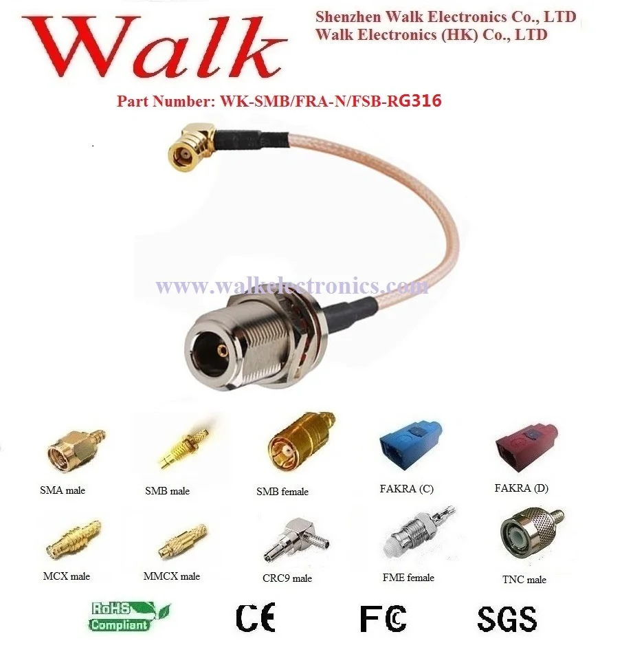 

RF cable assembly: SMB female right angle to N female straight bulkhead with RG316 cable