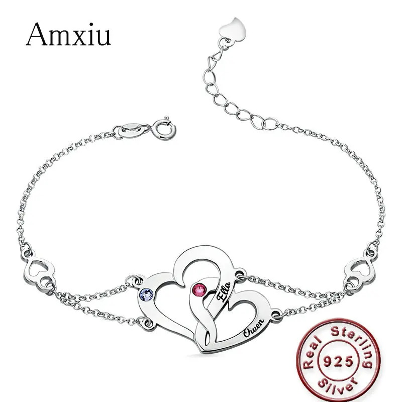 

Amxiu Custom Two Names Hearts Bracelets 925 Sterling Silver Bracelet For Women Girls Daily Jewelry Personalized Valentine's Gift