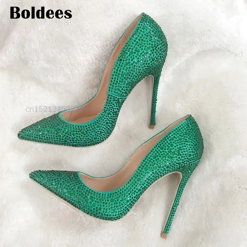 Hot Sale Thin High Heels Woman Sexy Pointed Toe Pumps Green Crystal Rhinestone Lady Party 12cm Heeled Dress Shoes Pumps