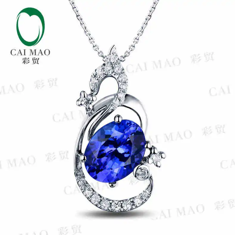 CaiMao 18KT/750 White Gold 1.5 ct Natural IF Blue Tanzanite AAA 0.14 ct Full Cut Diamond Engagement Gemstone Pendant Jewelry