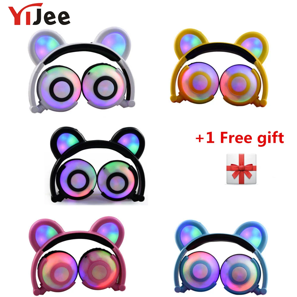 YiJee Rechargeable Glowing Flashing Bear Headphone with 3 Level LED Light Stereo Bear Ears Earphone 90 Degree Foldable For Phone