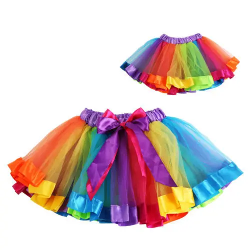 Girls Kids Petticoat Rainbow Mesh Multi-Layer Elastic Waist Pettiskirt Bowknot Skirt Tutu Skirt Dancewear 0-8Y