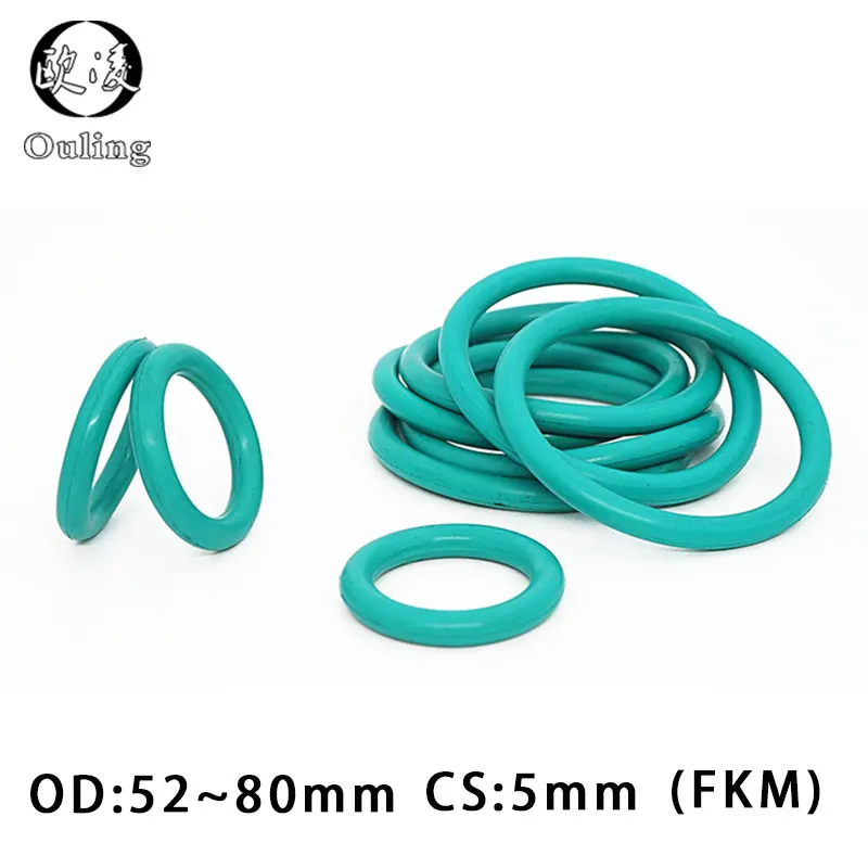 Rubber Rings Green FKM O ring Seal 5mm Thickness OD52/55/58/60/62/65/68/70/75/80mm Rubber O-Rings Seal Gasket Oil Fuel Washer