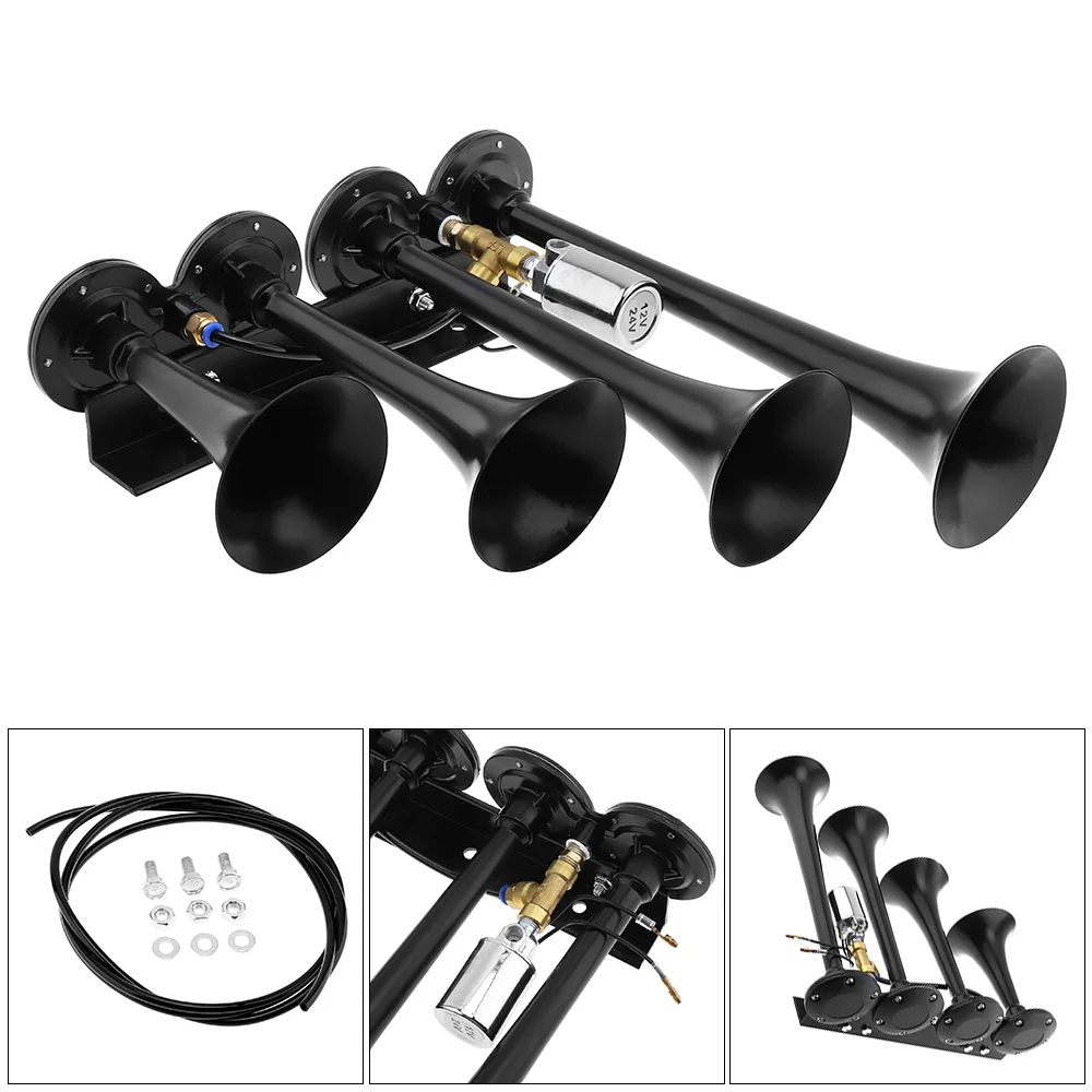 

12V / 24V 185dB Car Air Horn Super Loud Four Trumpet Compressor Fit for Auto / Car / Vehicle / Truck / Train / Boat