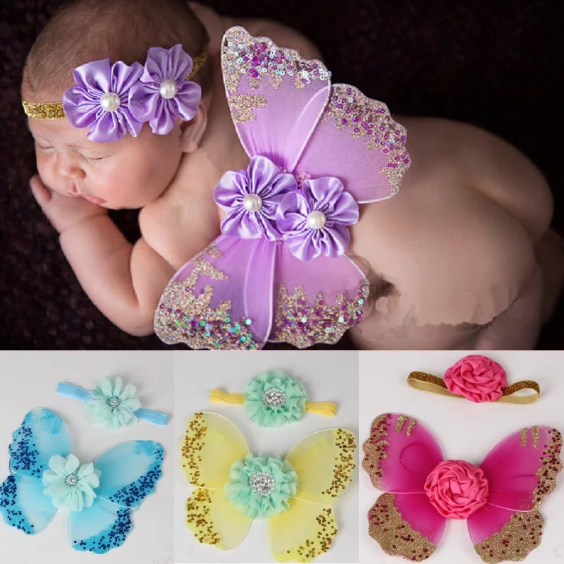 Fashion Baby Girl Hairband + Angel Wings Newborn Photography Prop Sets Infant Butterfly Costumes Accessories Headwear Birthday