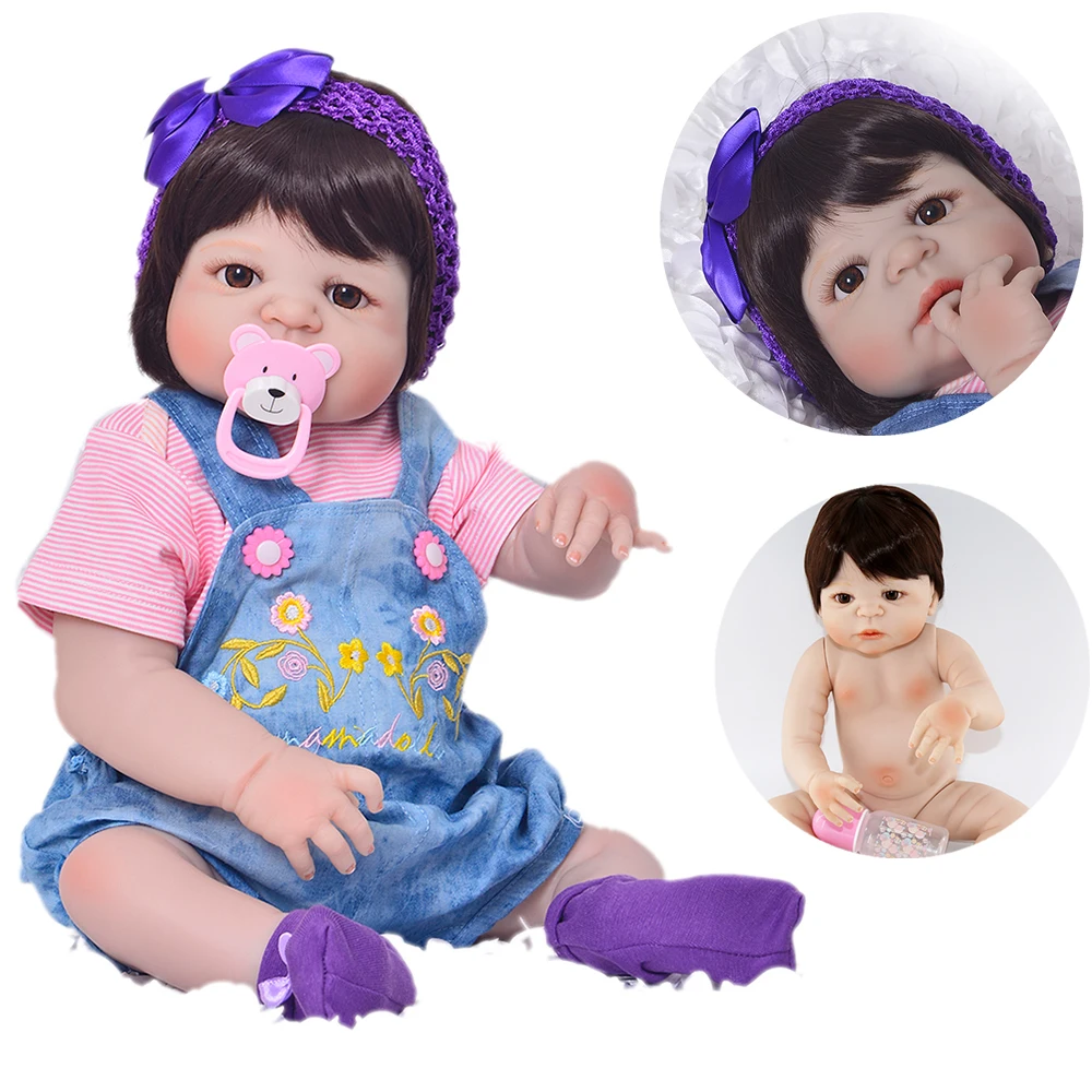 

Reborn Baby Doll 57cm Full Silicone Body Can Bath Purple Strap Dress Girl Toddler Bonecas Bebe Children Toys Gift