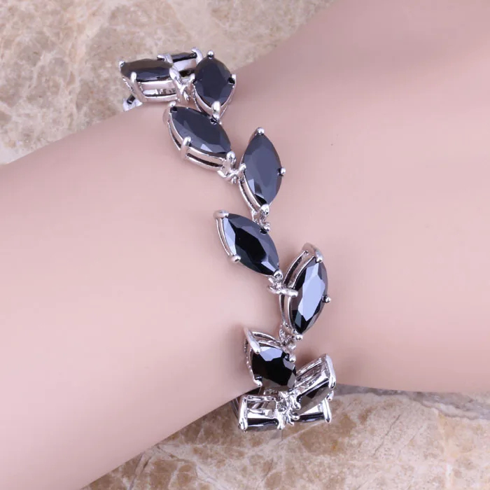 Divine Black Cubic Zirconia Silver Plated Link Chain Bracelet 7 - 8 inch S0824