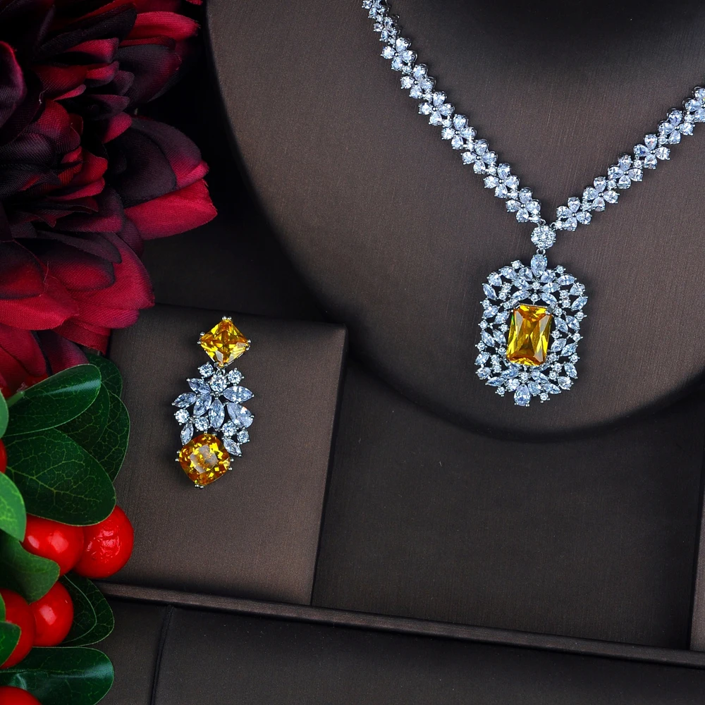 HIBRIDE تألق الحجر الأصفر مكعب الزركون مجموعات مجوهرات المعلقات الطويلة انخفاض القرط قلادة مجموعة فستان اكسسوارات N-639 #3
