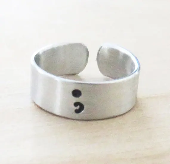 Semicolon Alloy handstamped ring Silver plated rings inspirational motivational jewelry recovery gift suicide awareness YLQ0342