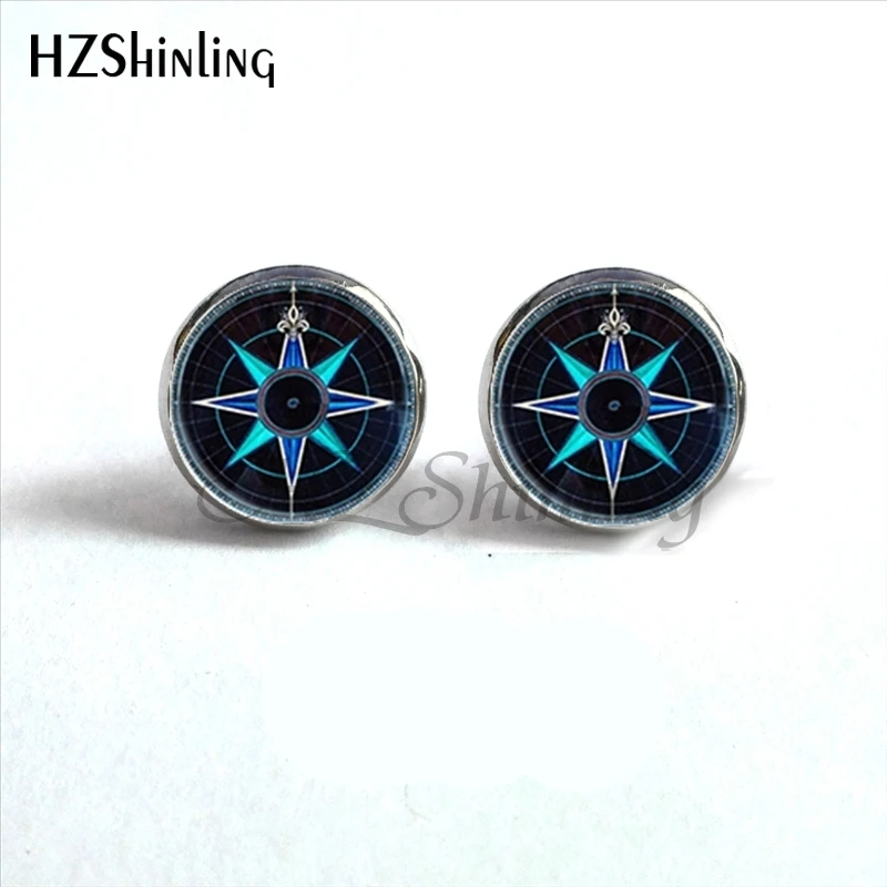 NES-0093   Vintage Compass Earrings Compass Ear Nail Nautical Earring Old World Sailing Glass Dome Earrings HZ4
