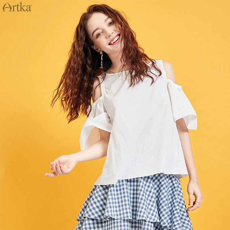 ARTKA 2019 Summer New Womens Tops And Blouses Short Flare Sleeve Blouse Off-the-shoulder Design O-Neck Blouse For Women SA15190X