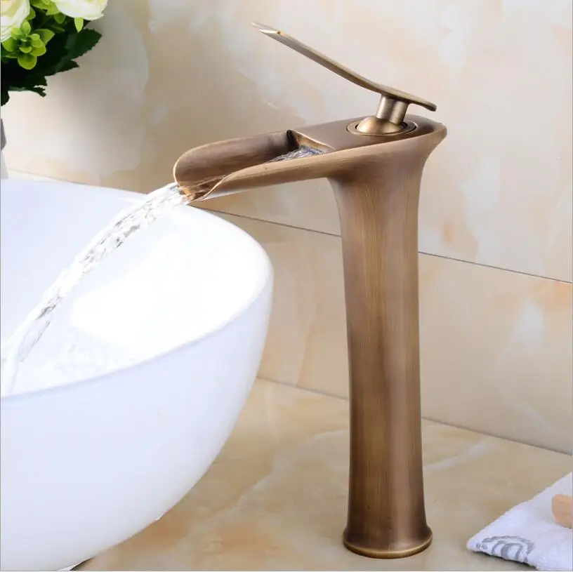 

Antique Tall Basin Faucets Waterfall Bathroom Faucet Single handle Basin Mixer Tap Bath Antique Faucet Brass Sink Water Crane