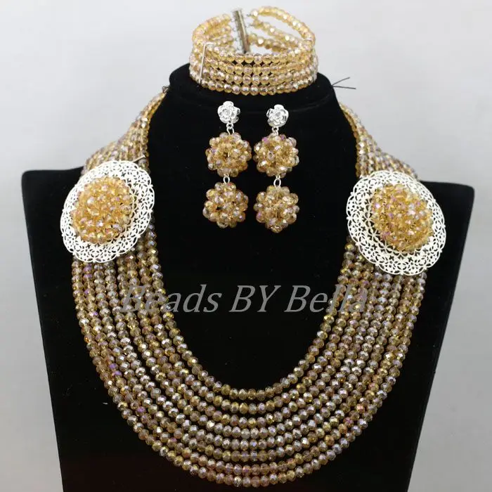 

African Wedding Women Jewelry Set God Plated Champagne Gold Crystal Beads Nigerian Fashion Necklace Free Shipping ABK525