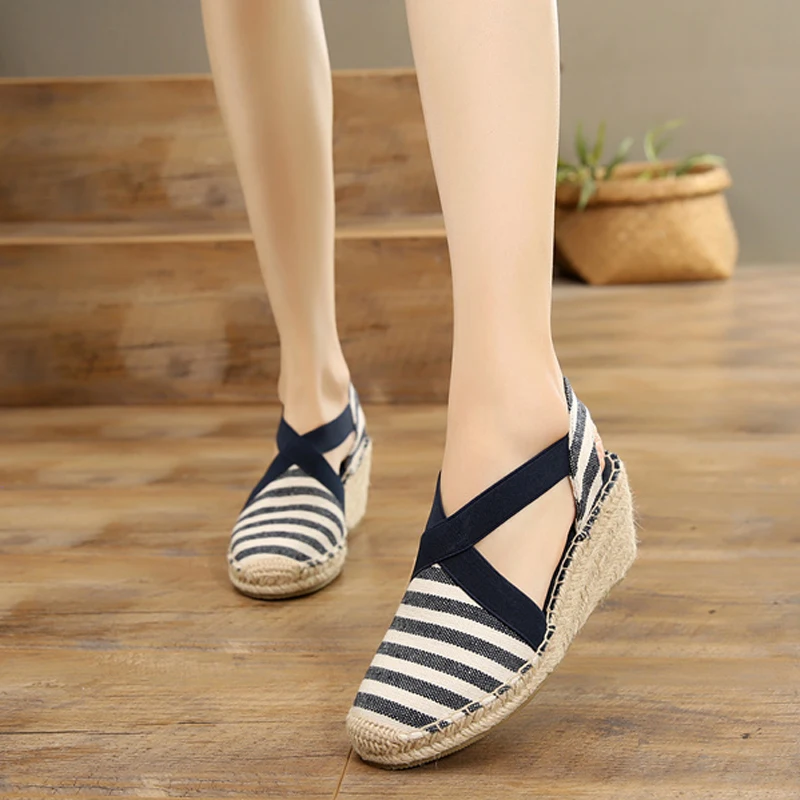 Summer Striped Platform Sandals Wedges Shoes For Women Hemp Rope Bottom Women\'s Espadrilles High Heels Slip On Canvas Fisherman