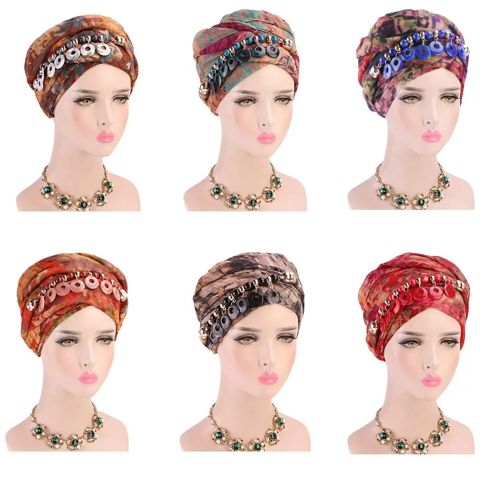 Bohemia Women Beaded Pendant Jewelry Long Scarf Multi-functional Necklace Scarf Islamic Printed Chiffon Muslim Turban Headscarf