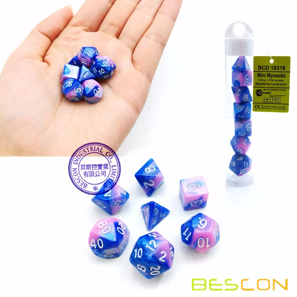 

Bescon Mini Gemini Two Tone Polyhedral RPG Dice Set 10MM, Small Mini RPG Role Playing Game Dice D4-D20 in Tube,Color of Myosotis