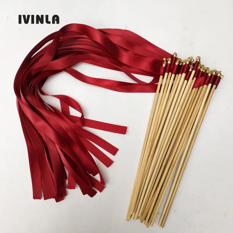 50pcs/lot  Deep Red wedding ribbon wands With gold Bells for wedding party