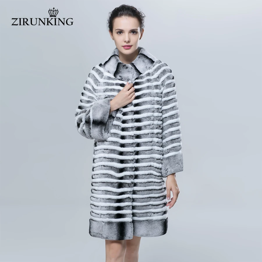 ZIRUNKING Natural Real Rex Rabbit Fur Coat With linning Medium Warm Female Knitted Stripe Lady Luxurious Women Fur Coat ZC219K