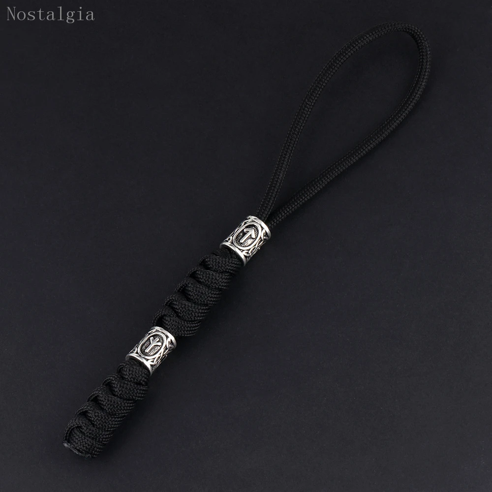 Nostalgia Viking Keychain with Beads Thor\'s Hammer and Scandinavian Viking Rune Bead Accessories Paracord Keychain for Men Women