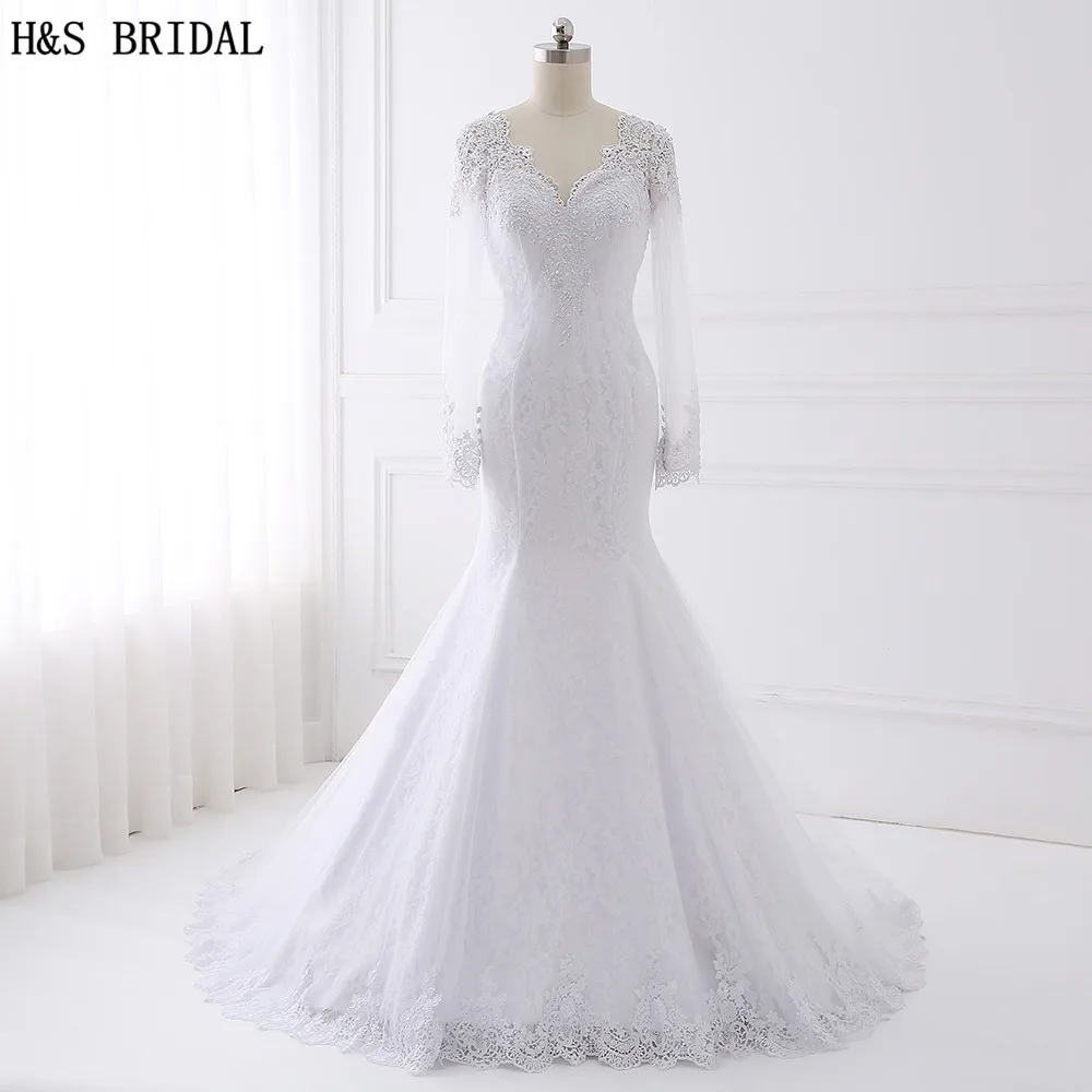 H & S – robe De mariée sirène en dentelle, manches longues, perles, col en V, turquie, 2020