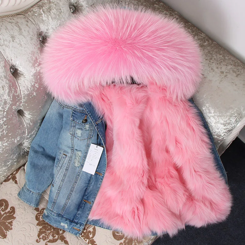 2024 Maomaokong denim jacket natural fox fur lined jacket coat Women's jacket women winter coats Women's fur coat