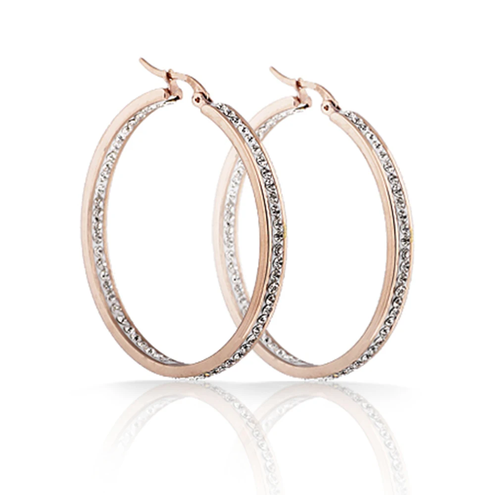 

Fashion Crystal Hopp Classic Stainless Steel Rose Gold Color Crystal Hoop Earring for women