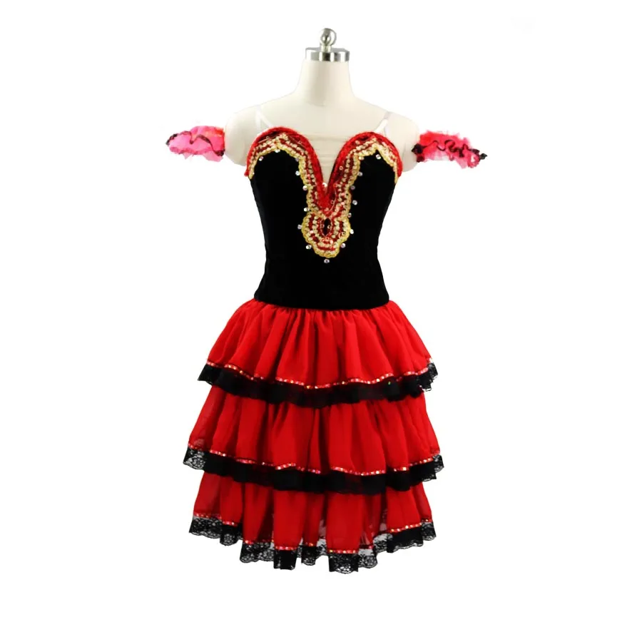 

Don Quixote Performance Pancake Tutu Dress Long Lace Sleeves Spanish Ballet Stage Costume Red Black Professional Ballet Tutu