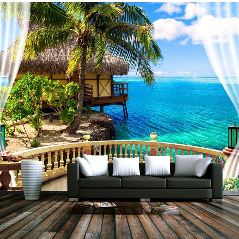 

wellyu papier peint wallpaper for walls 3 d Custom wallpaper 33D stereo beach terrace sea view background wall murals