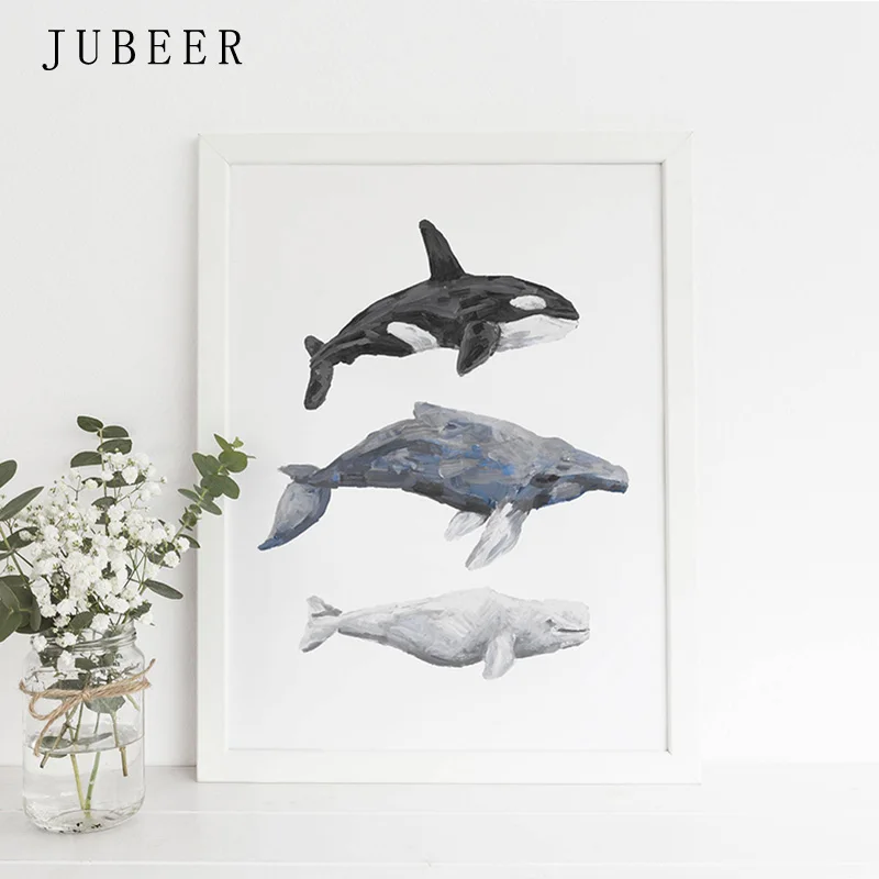 Nordic Style Whale Painting Print Orca Humpback and Beluga Nautical Nursery Wall Art Canvas Poster Animal Decorative Picture