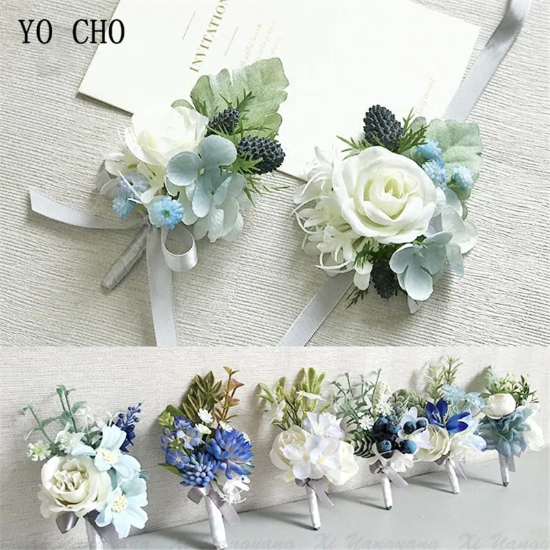 YO CHO-Acessórios do casamento para homens, boutonnieres, corsages do noivo, rosas brancas, orquídea azul, suprimentos do casamento