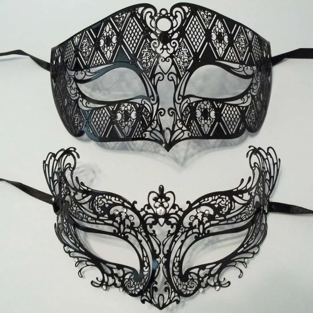 Mascarilla veneciana con corte láser para hombre y mujer, máscara negra de Metal, conjunto de diamantes de imitación, espectáculos de Mardi Gras, máscaras de fiesta de boda, lote de 1 Juego