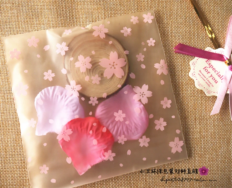 

100pcs/lot Cookie plastic bags Pink cherry blossoms 10x10cm self adhesive bags for biscuits snack baking package