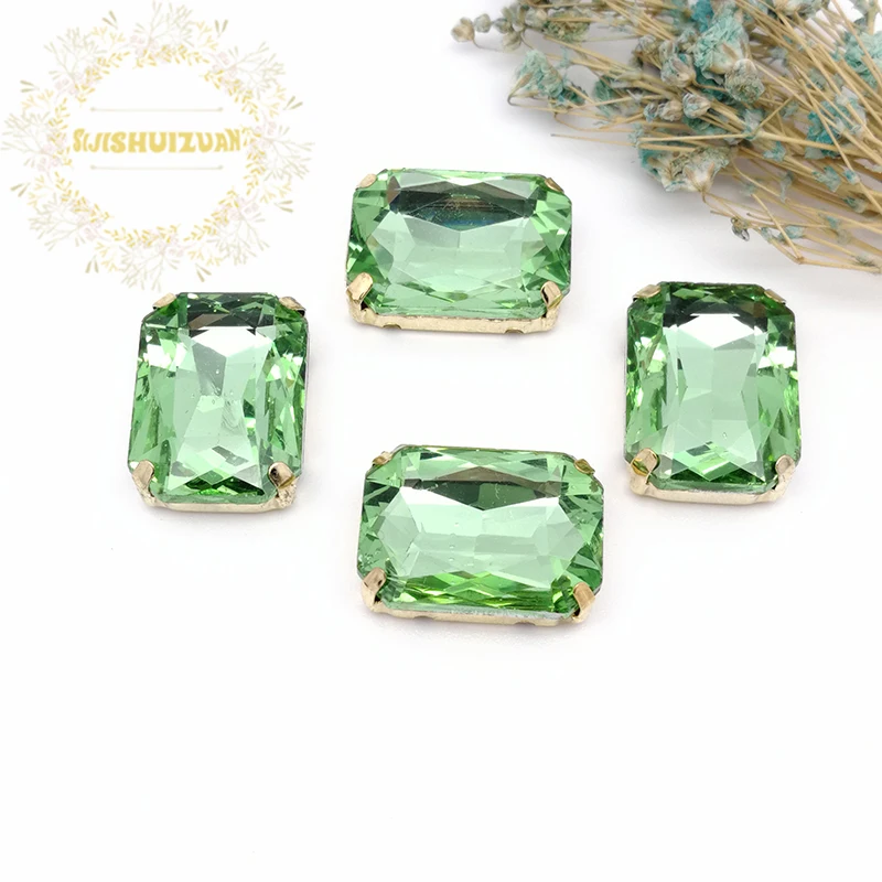 Light Green Rectangle Glass Crystal Sew On Rhinestones Sewing With Gold Claw Diy Wedding Dress Accessories 20PCS