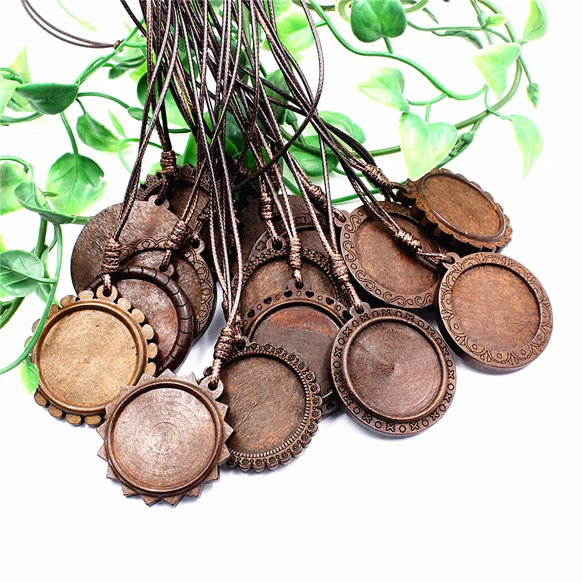 Fit 30mm Cabochons brązowy naszyjnik z drewna podstawa pusta drewniana taca na wisiorki Diy biżuteria akcesoria do tworzenia naszyjników 2 nici